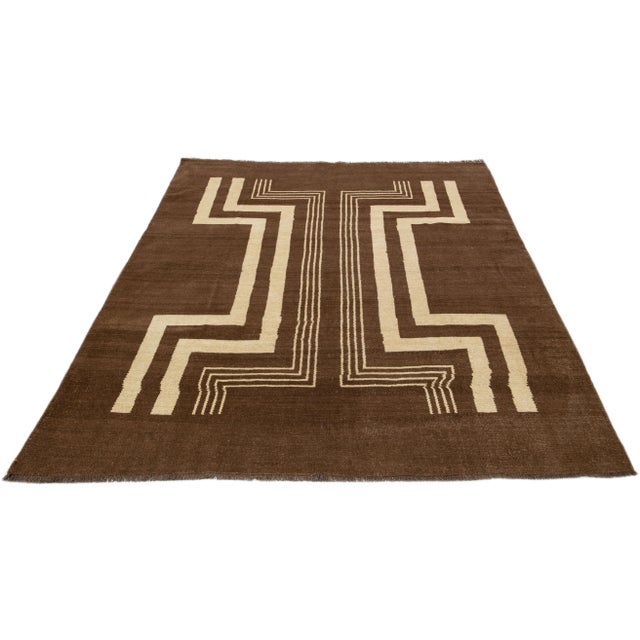 Art Deco Transitional Art Deco Style Brown Handmade Designed Wool Rug For Sale - Image 3 of 8