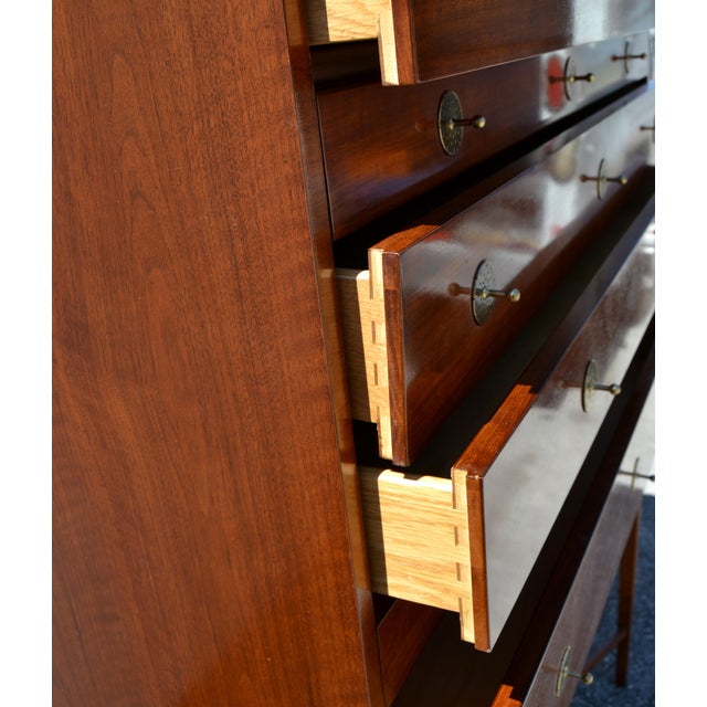 Brown 1960 Baker Furniture Mahogany Federal Style Chest on Stand Ornate Brass Hardware For Sale - Image 8 of 11