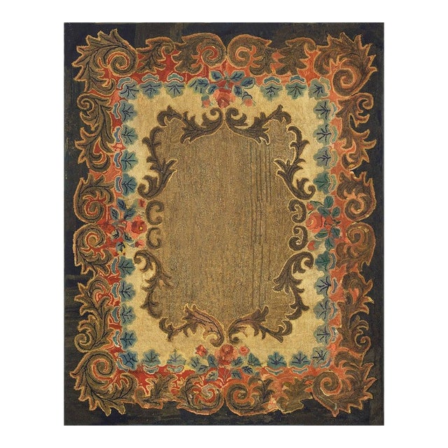 Beautiful Brown Color With Intricate Folk Art Pattern Antique American Hooked Rug For Sale