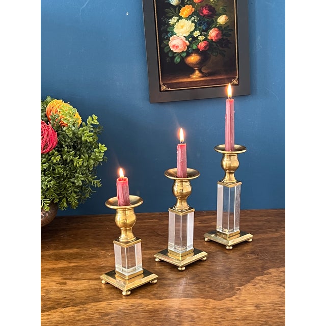 Mid-Century Modern 1960’s Brass & Lucite Candlestick Holders Set of 3 For Sale - Image 3 of 18