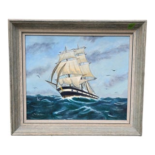 Vintage Mid Century Ship Clipper Sailing Through Choppy Waves Signed m.c. Besler For Sale