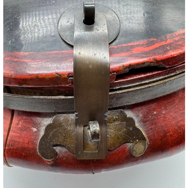 Antique Asian Red Lacquered Wood Covered Rice Bowl With Metal Hardware For Sale - Image 9 of 10