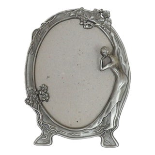 Vintage Pewter Picture Photo Frame Art Nouveau / Deco Style Lady Fits 7" X 5 1/4" With Glass For Sale