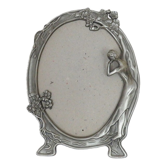 Vintage Pewter Picture Photo Frame Art Nouveau / Deco Style Lady Fits 7" X 5 1/4" With Glass For Sale