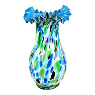 Vintage Italian Murano Confetti Art Glass Ruffled Vase - 11" For Sale