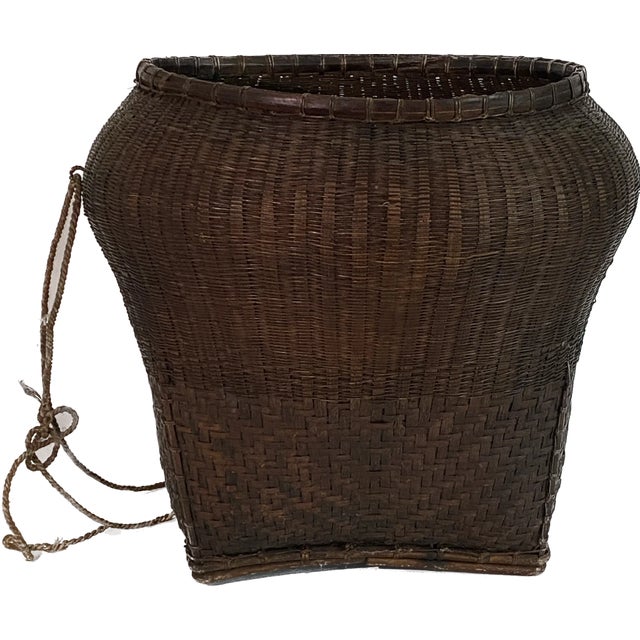 Wood Antique Thai Woven Gathering Basket For Sale - Image 7 of 7