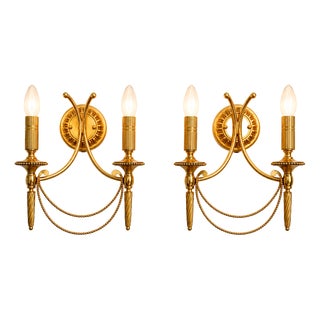 Vintage Hollywood Regency Double Wall Sconces in Gilt Brass by Gaetano Sciolari, 1970s, Set of 2 For Sale