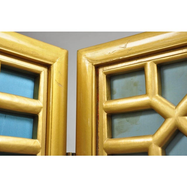 Wood Vintage Chinoiserie Lattice Fretwork 4 Panel Gold Folding Screen Room Divider For Sale - Image 7 of 18