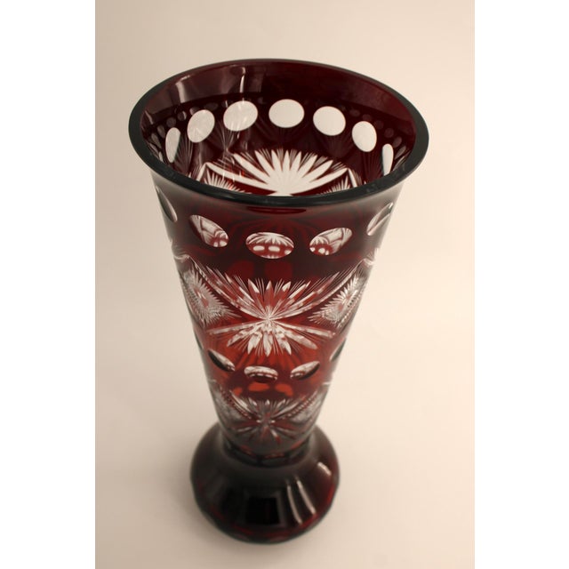 Traditional Large Bohemian Czech Ruby Cut to Clear Glass Vase, 15.75", Hand Blown For Sale - Image 3 of 5