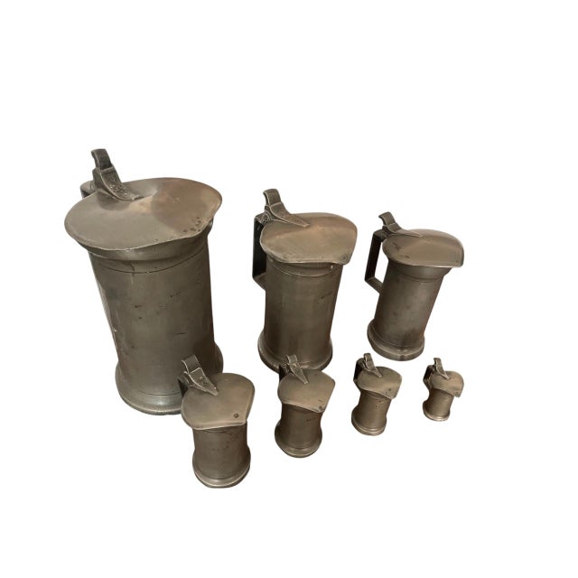 Set of 7 of 19th Century Antique French Pewter Measuring Flagons For Sale - Image 4 of 12
