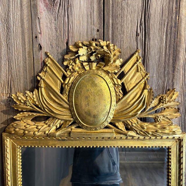 Exceptional antique French Neoclassical giltwood pier mirror, standing an impressive 66.75 inches tall, with an elaborate...