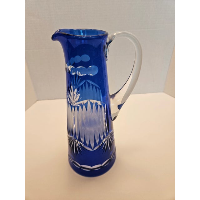 1960s Blue Crystal Pitcher With Striking Deep Cut Design, Made in Poland For Sale - Image 9 of 9
