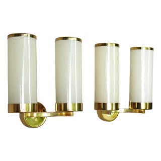 Bauhaus Minimalist Wall Lights in Brass and Glass Cylinder, 1930s, Set of 2 For Sale
