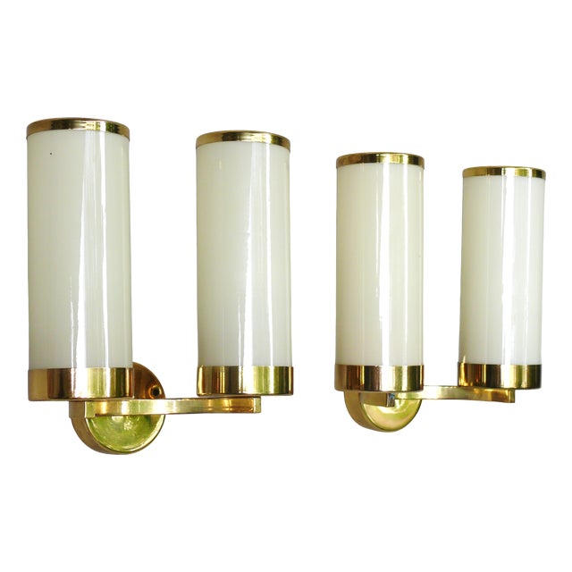 Bauhaus Minimalist Wall Lights in Brass and Glass Cylinder, 1930s, Set of 2 For Sale