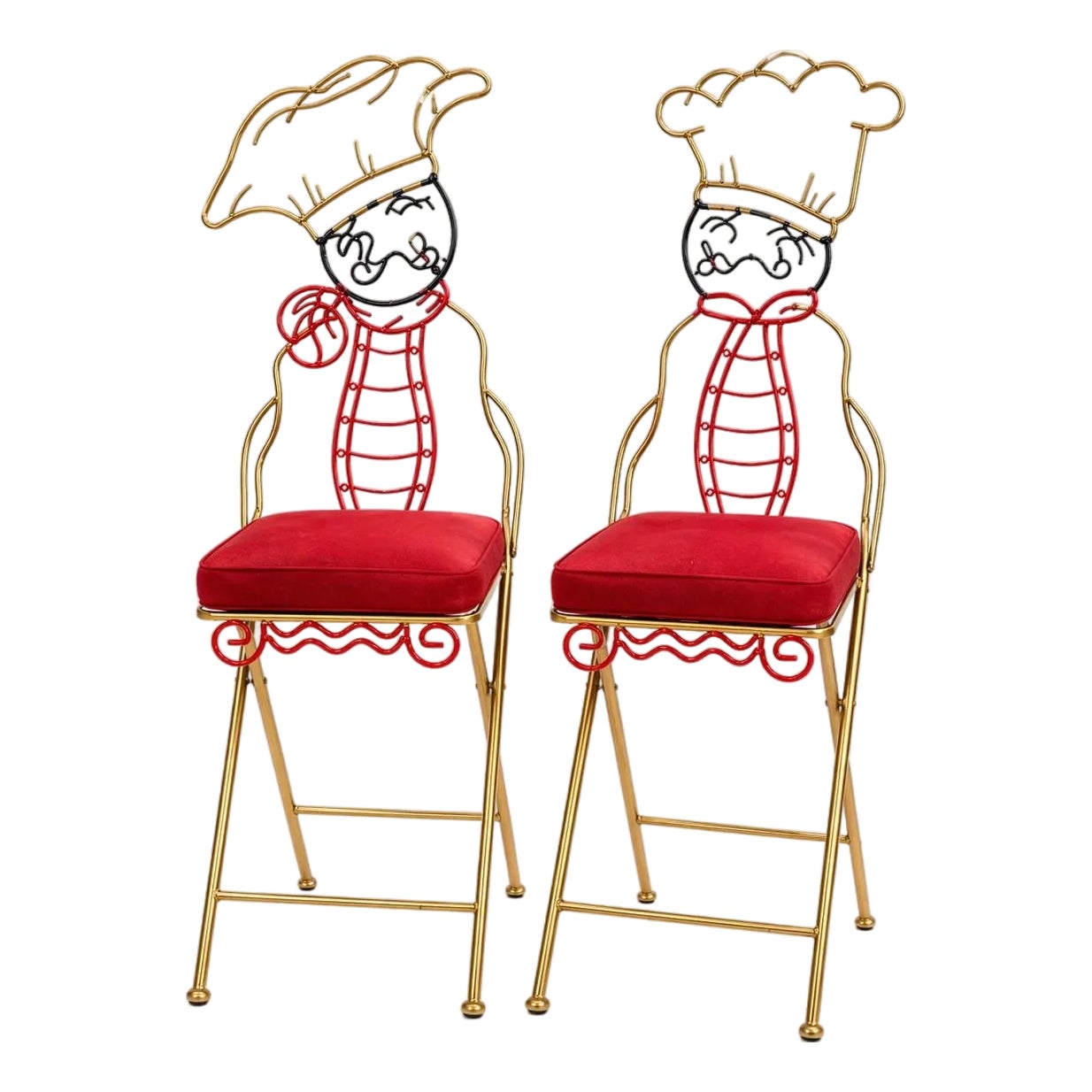 Vintage Whimsical Chef Figural Metal Counter Stools — Pair — Folding ...