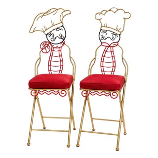 Vintage Whimsical Chef Figural Metal Counter Stools — Pair — Folding Bistro Bar Stools With Ivory Cushions (49” H) For Sale