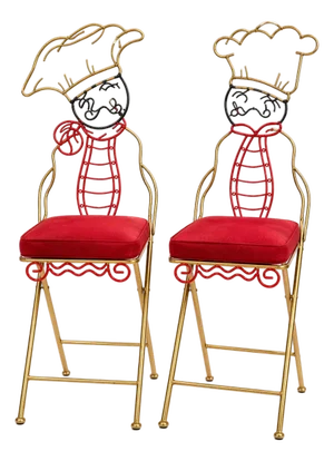 Vintage Whimsical Chef Figural Metal Counter Stools — Pair — Folding Bistro Bar Stools With Ivory Cushions (49” H)