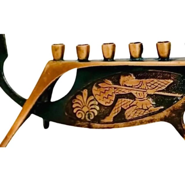 50s Vintage Mid Century Art Deco Angular Verdigris Brass Enamel Hanukkah Deco Tripod Menorah For Sale - Image 4 of 7