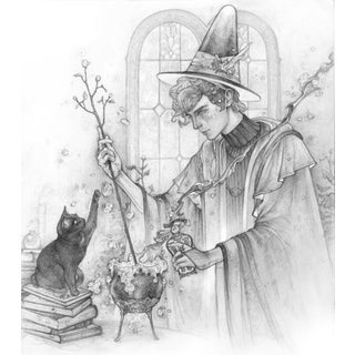 Brewing Up Whimsy by Timothy Von Rueden | Graphite on Mixed Media Paper Wizard stirring a potion with a cat. For Sale