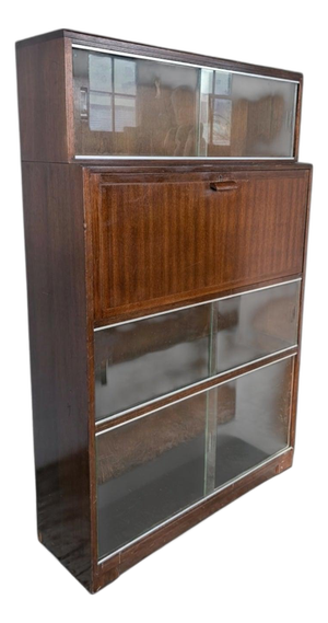 Mid-Century Stacking Bookcase with Drop Front Bureau and Glass Sliding Doors