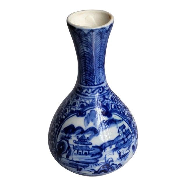 Flow Blue Porcelain Vase With Traditional Asian Landscape For Sale