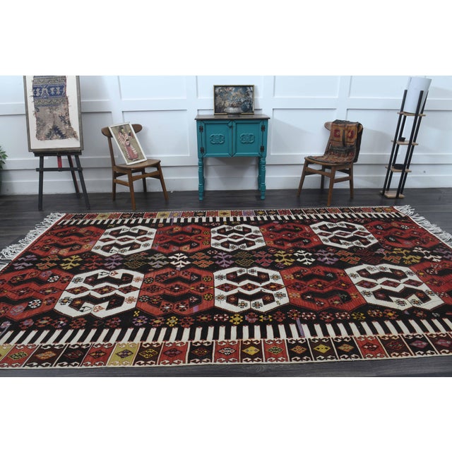 Boho Chic 1970s Vintage Handmade Wool Cotton Red Kilim Area Rug For Sale - Image 3 of 11