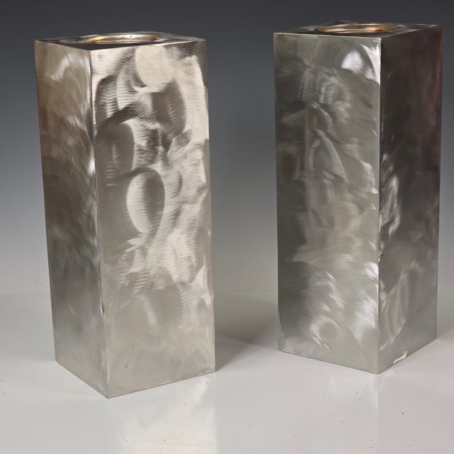 Cubism Two Heavy Gauge Stainless Steel Candleholders For Sale - Image 3 of 6