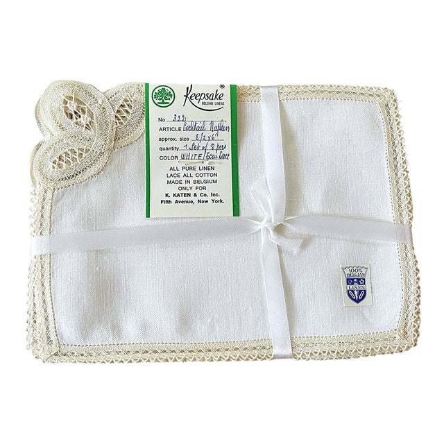 1950s Fine Belgian Linen & Lace Cocktail Napkins for K. Katen — Boxed Set of 8 For Sale
