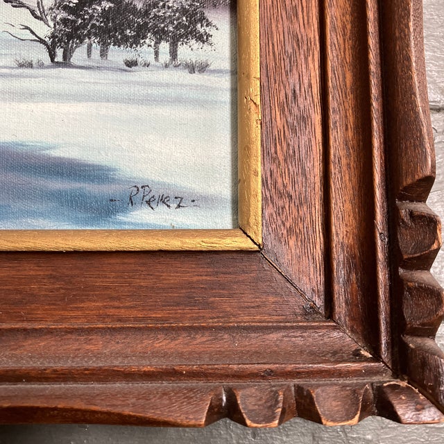 Original approx 10 x 14 painting on canvas backed by wood panel signed bottom right Overall size with carved wood frame is...