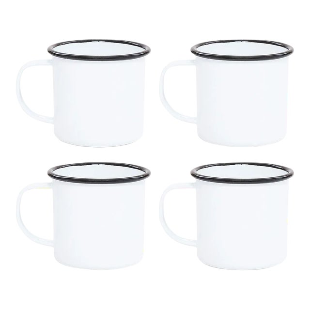 Crow Canyon Home Enamelware, Vintage 12 oz. Mugs in White with Black Rim - Set of 4 For Sale
