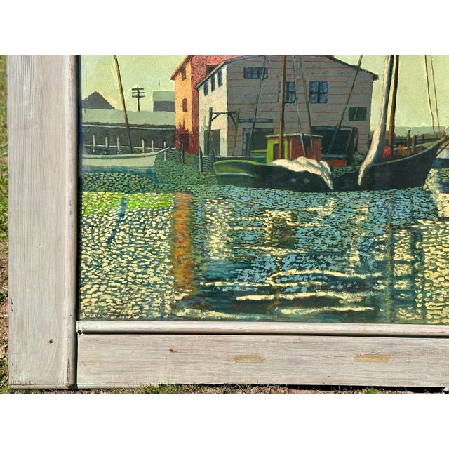 Mid 20th Century 1940s Louis Thompson Rockport School Harbor Scene Oil Painting For Sale - Image 5 of 10