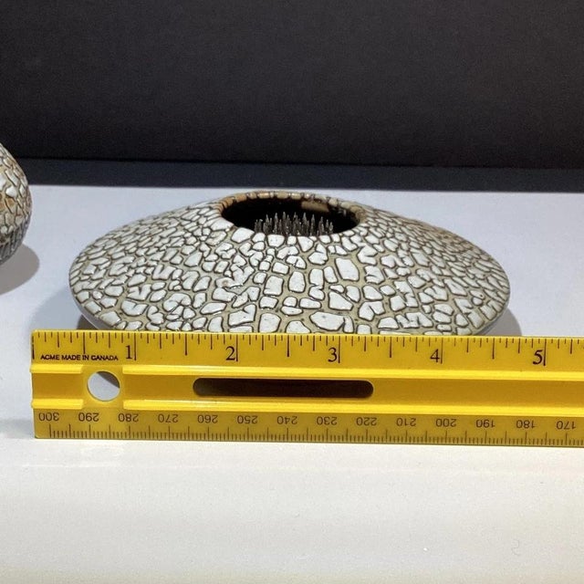 Handmade Studio Art Pottery Vase Set of 2, Signed “Mh,” Abstract Design For Sale - Image 10 of 10