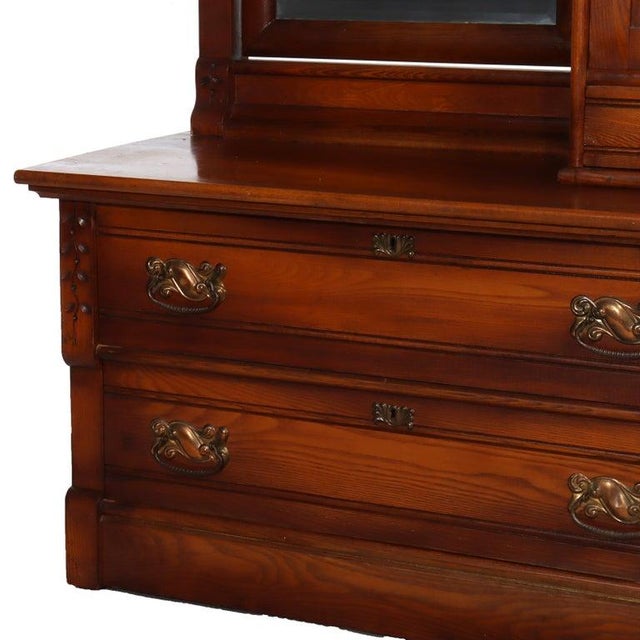 1900 - 1909 Antique Spoon Carved Oak Low Dresser With Dressing Mirror & Hat Box C1900 For Sale - Image 5 of 14