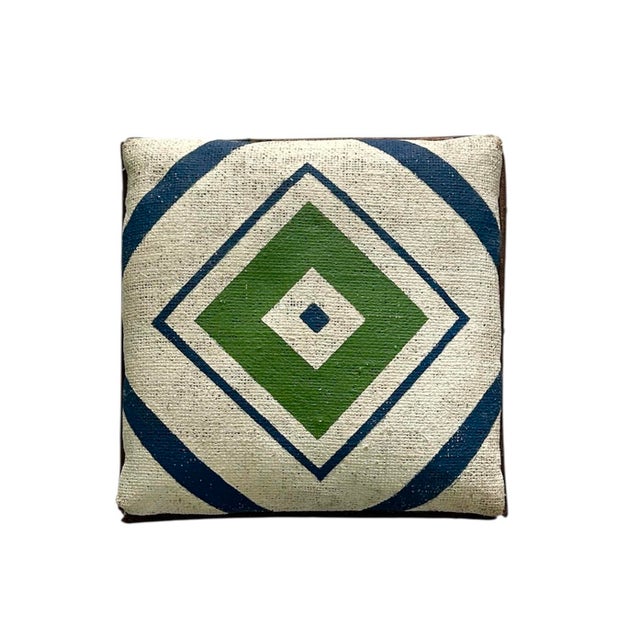 A charming, antique Adirondack/ Arts & Crafts twist stool. Crafted of hand hewn twigs, adorned by a hand painted, burlap...