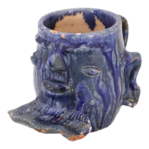1940s Zoomorphic Blue Portuguese Mug, Earthenware, Folk Art