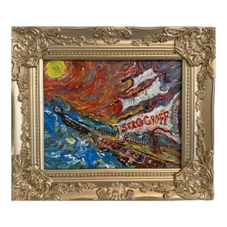 Serg Graff Original “Needleton” Acrylic Ship Painting | Gold Frame | Nautical For Sale