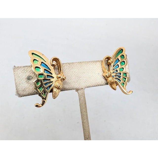 Mid-Century Modern Vintage Signed Napier Goldtone Green & Blue Enamel Butterfly Clip Earrings- 2 Pieces For Sale - Image 3 of 14