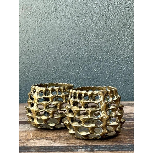 Vintage Brutalist Brass Candle Holders - Pair For Sale - Image 4 of 12