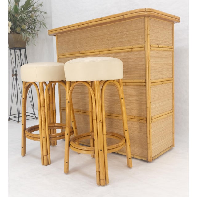 Vintage Mid Century Modern Bamboo Rattan Bar & Pair of Matching Bar Stools MINT For Sale - Image 11 of 15