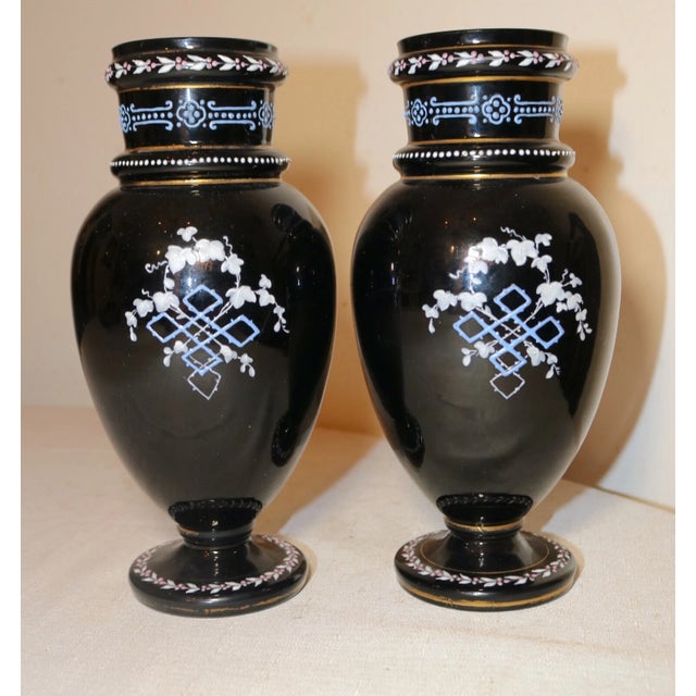 Amethyst Pair of 2 Antique Handmade Bohemian Enameled Black Amethyst Glass Etched Vases For Sale - Image 8 of 12
