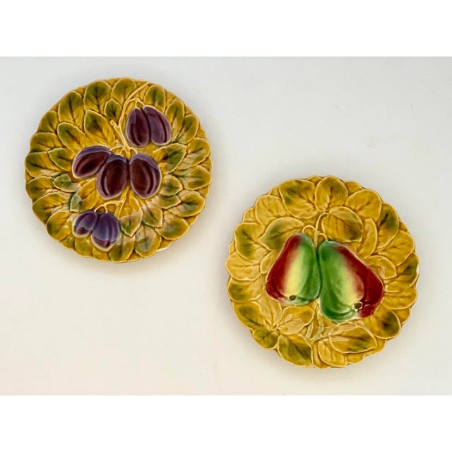 Vintage French Parry & Vieille Majolica Fruit (Plum & Pear) Plates in the Style of De Serreguemines- Set of 2 For Sale - Image 10 of 12