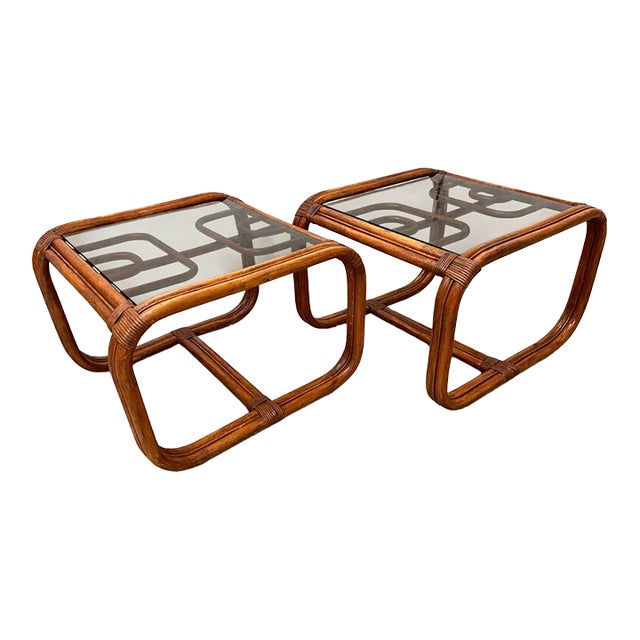 Geometric Bentwood Rattan SideTables With Smoked Glass Top From 70's/a Pair For Sale