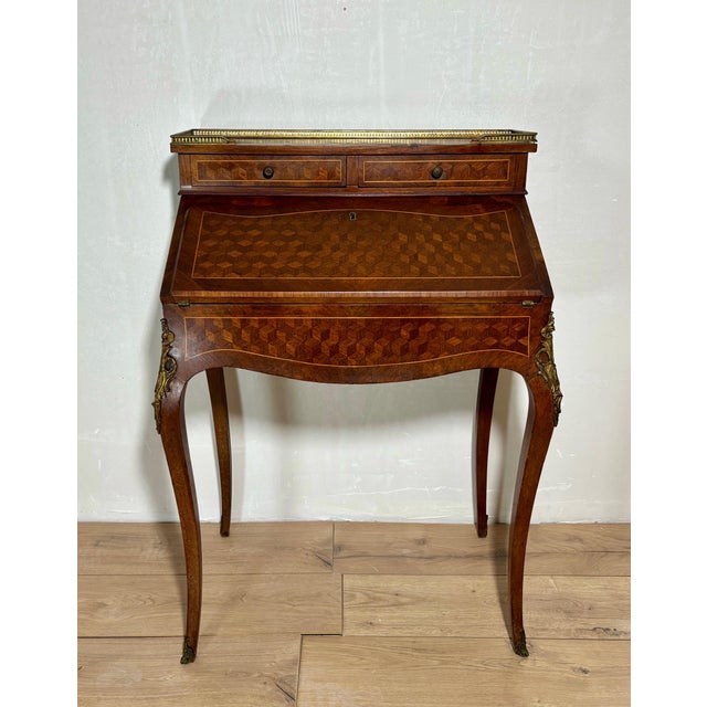 1930s French Louis XV Style Slant Front Secretary Desk with Leather Writing Surface For Sale - Image 12 of 16