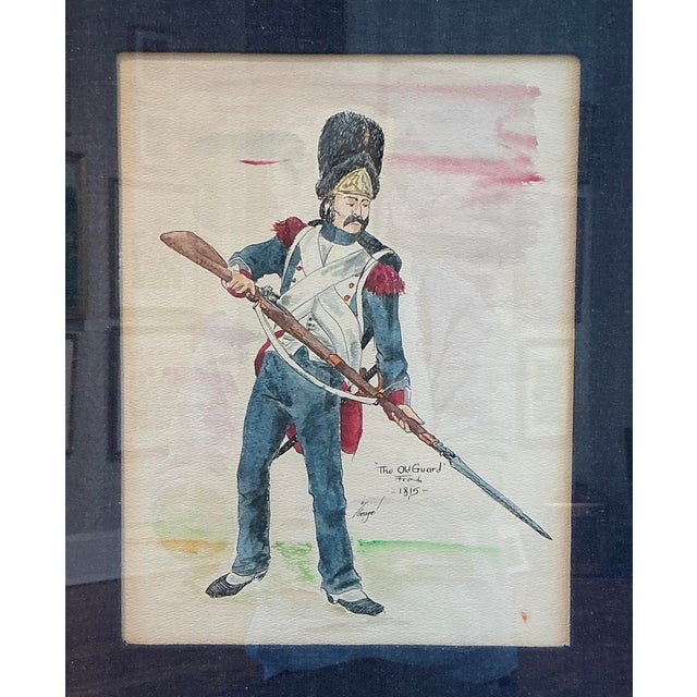 Pair of vintage watercolor portraits of 19th century soldiers in uniform. In chambray wrapped matting. Each artwork in...