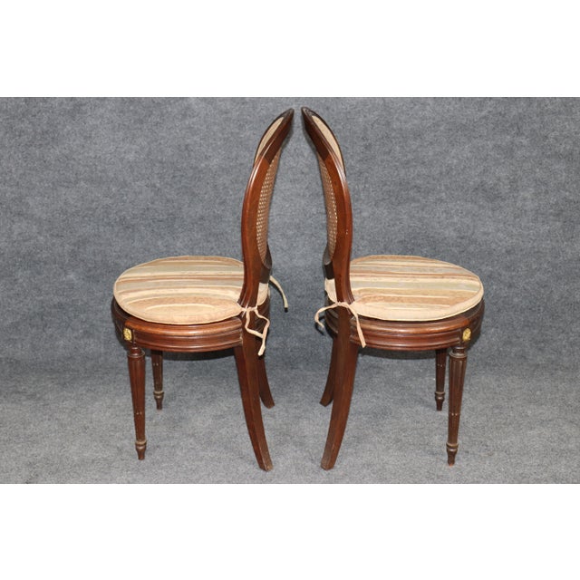 French 19th C Set 8 French Louis XVI Cane & Upholstered Bronze Mounted Side Chairs For Sale - Image 3 of 13