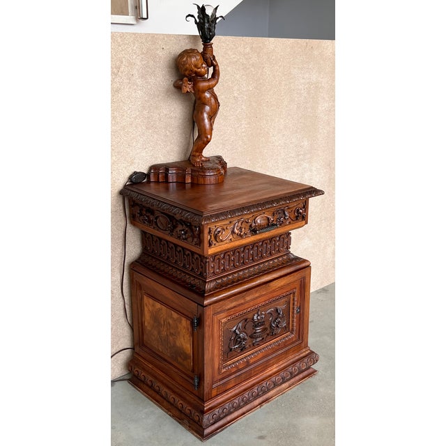 19th Pair of Italian Hand Carved Walnut Monumental Nightstands With Lamp For Sale - Image 4 of 13