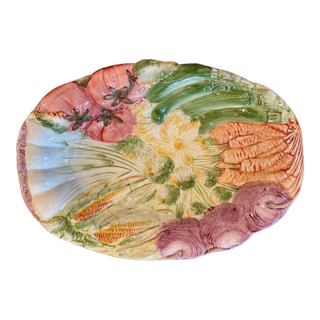 Vintage Italian Majolica-Style Hand-Painted Vegetable Harvest Oval Platter For Sale