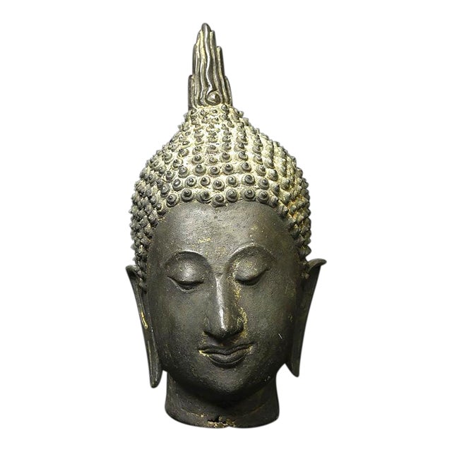 Antique Thai Bronze Head of the Walking Buddha, Sukhothai Tradition For Sale
