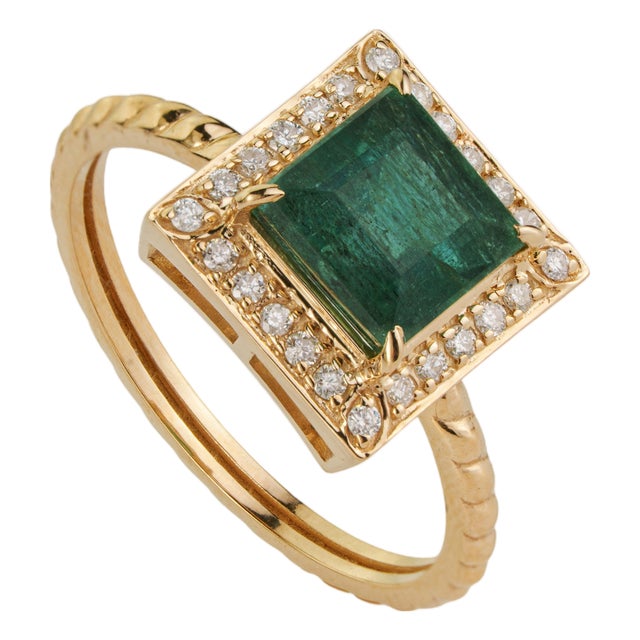 VRJewels 14k Yellow Gold Square Emerald Diamond Halo Vintage Ring Size 9 For Sale