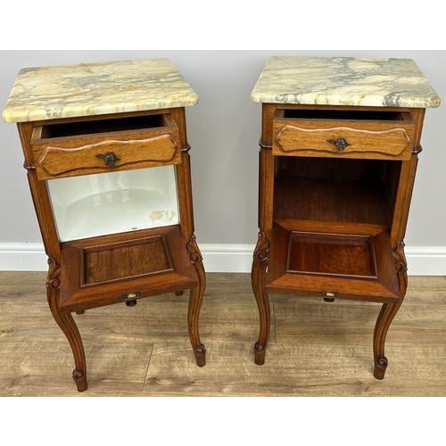 French Bedside Tables in Walnut with Marble Top, Set of 2 For Sale - Image 17 of 18